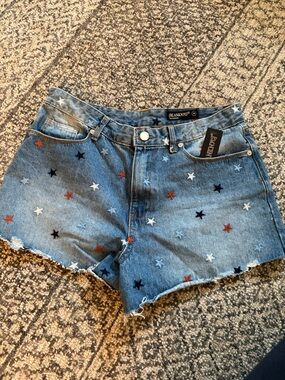 Blank NYC Blue Denim Star-Embroidered High-Rise Shorts